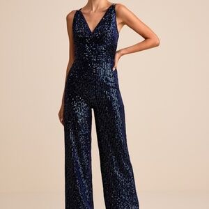 Lulus Sensational Energy Navy Velvet Sequin Backless Jumpsuit Blue - Size M
